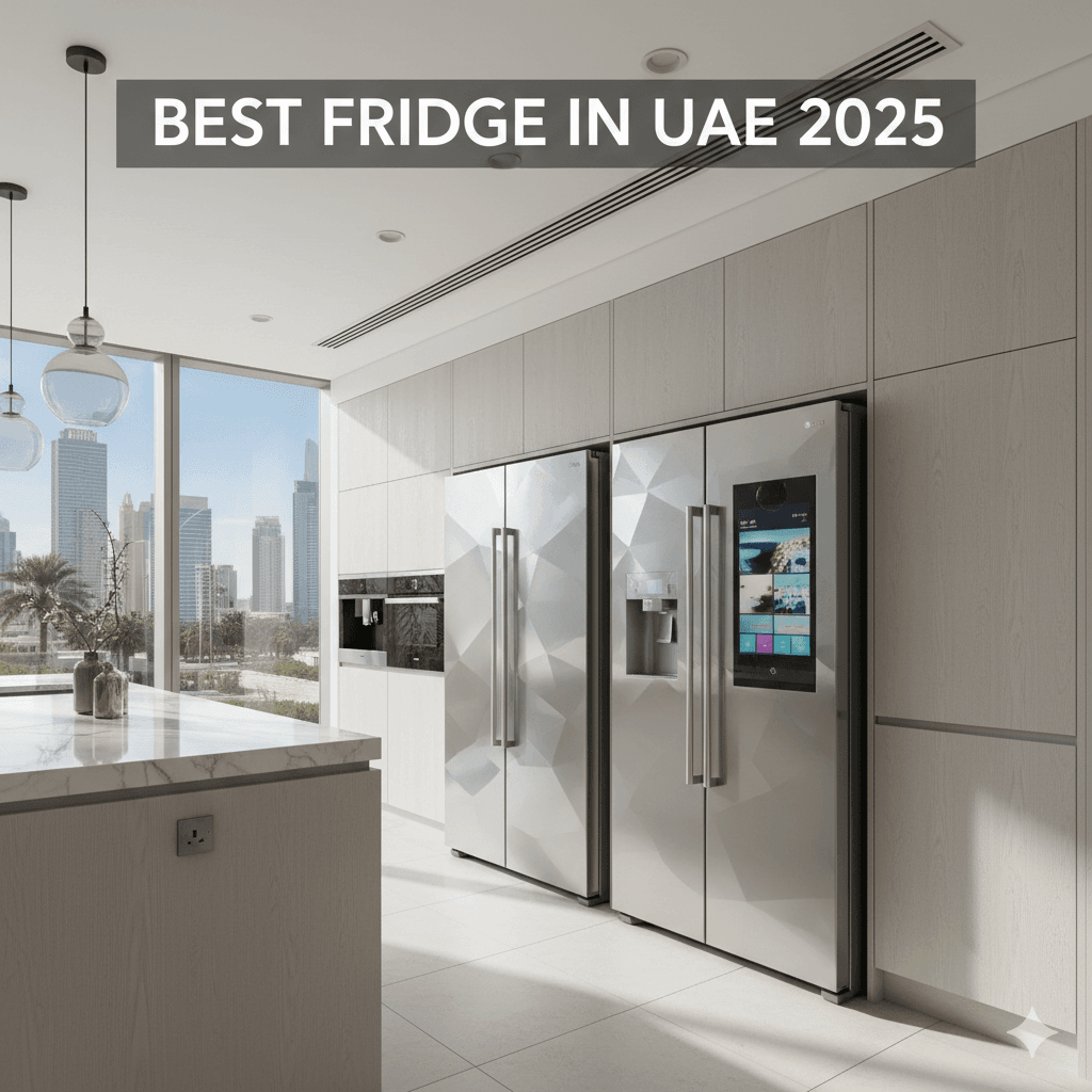 Best fridge in UAE 2025 — modern refrigerators displayed in a stylish Dubai kitchen, featuring Samsung, LG, and Bosch models with sleek design and energy-efficient features.